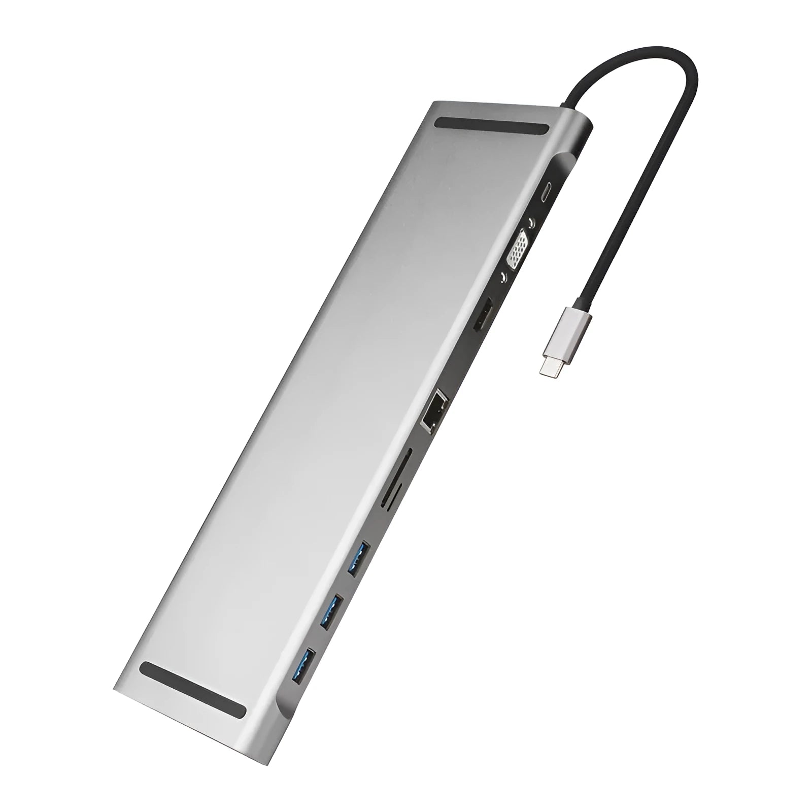 Grey 10-port aluminium docking station with cooling bracket showing HDMI, VGA, and USB connections
