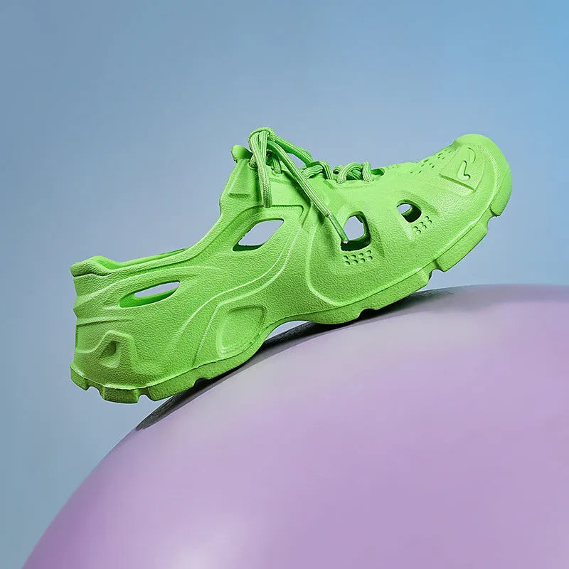 A pair of bright EVA sandals with a thick sole, shown in fluorescent green.