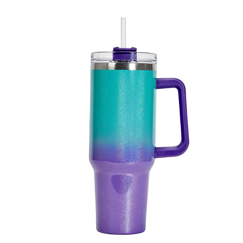 Large stainless steel vacuum insulation cup in a gradient colour, showing its tall 27.5 cm cylindrical shape.