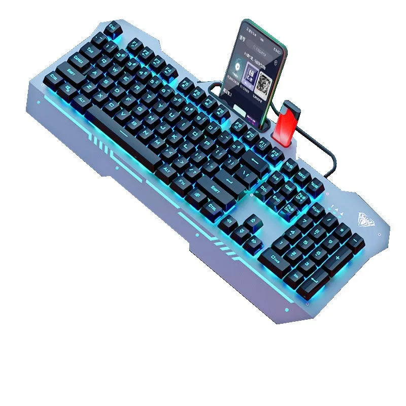 Mechanical keyboard mouse headset bundle with metal construction and LED lighting