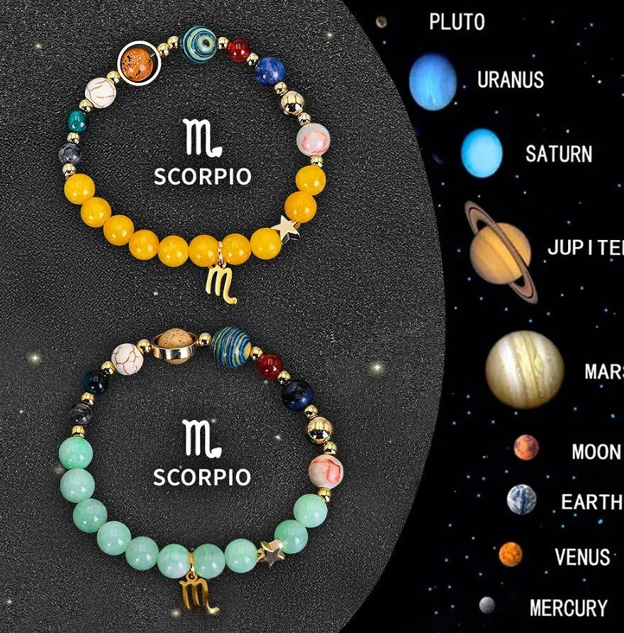 Two natural stone beaded bracelets with zodiac sign charms on a flat surface.