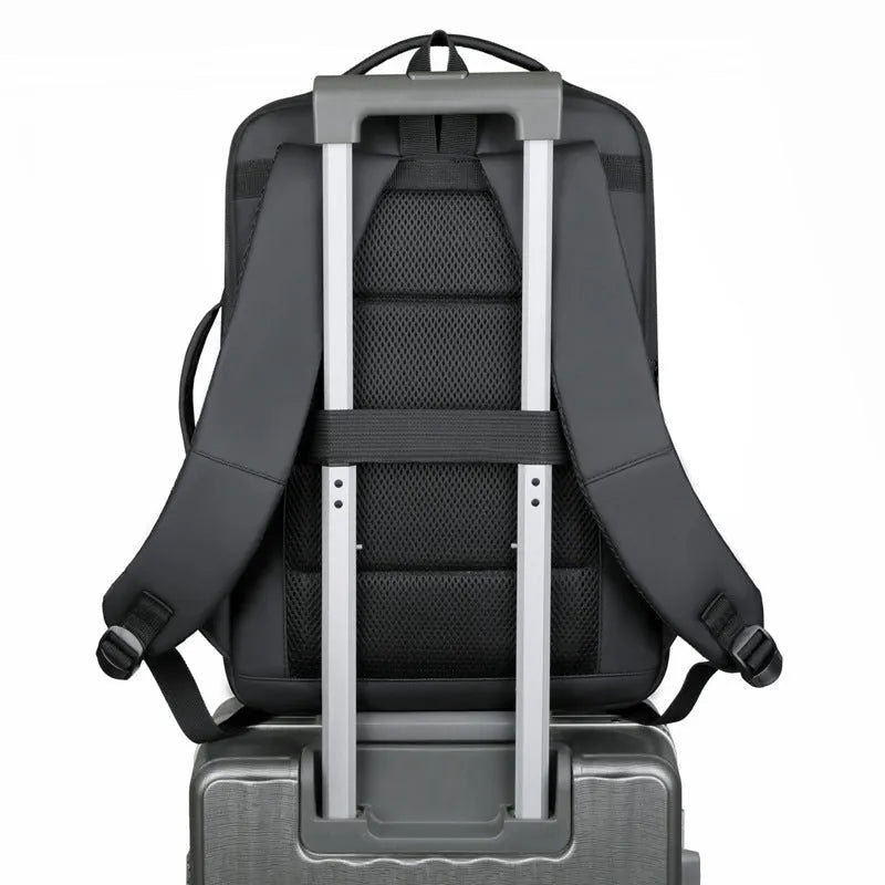 Black large capacity Oxford cloth men's backpack with curved shoulder strap, shown for business and travel use.