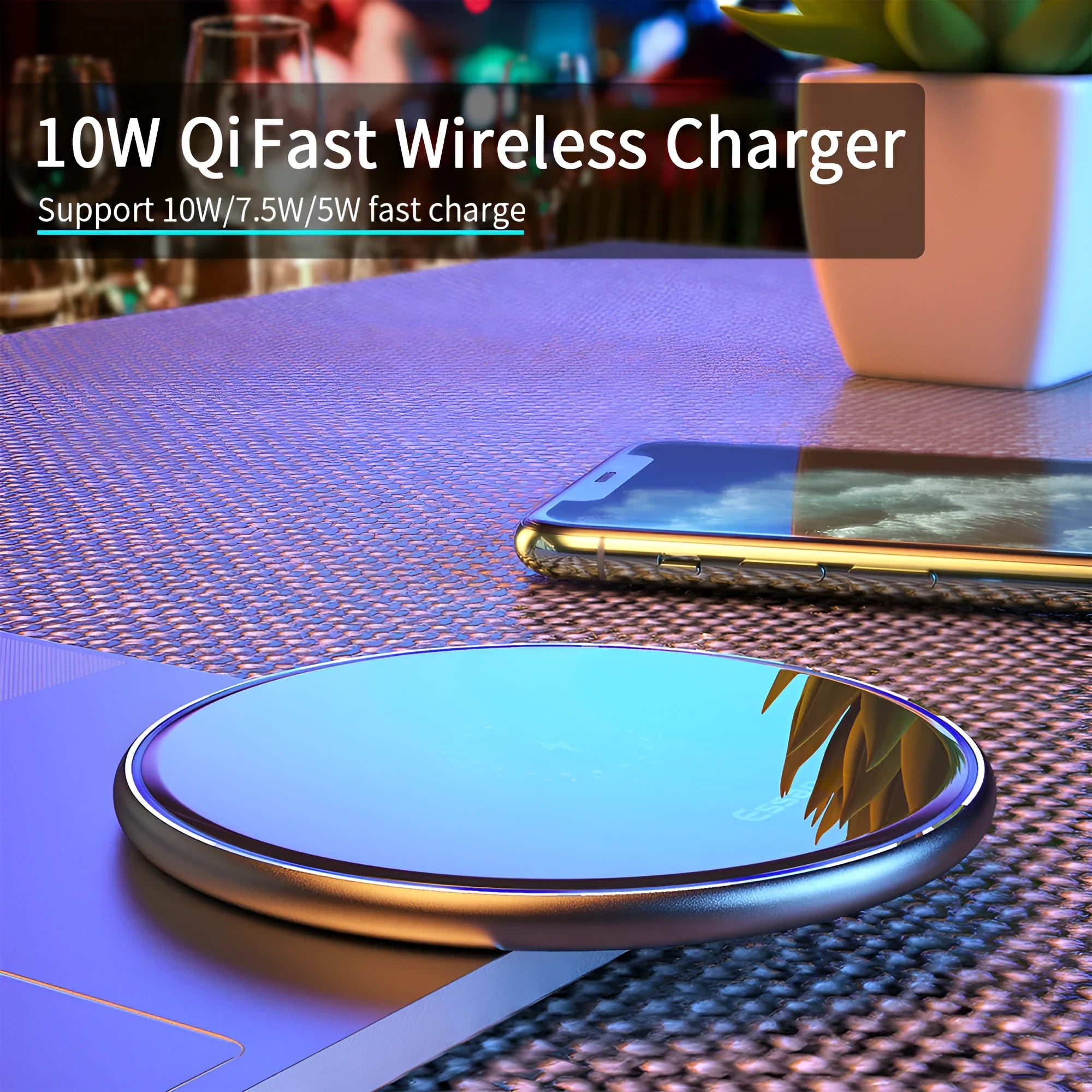 Black or white 15W fast wireless Qi charger with LED light indicator and anti-slip surface