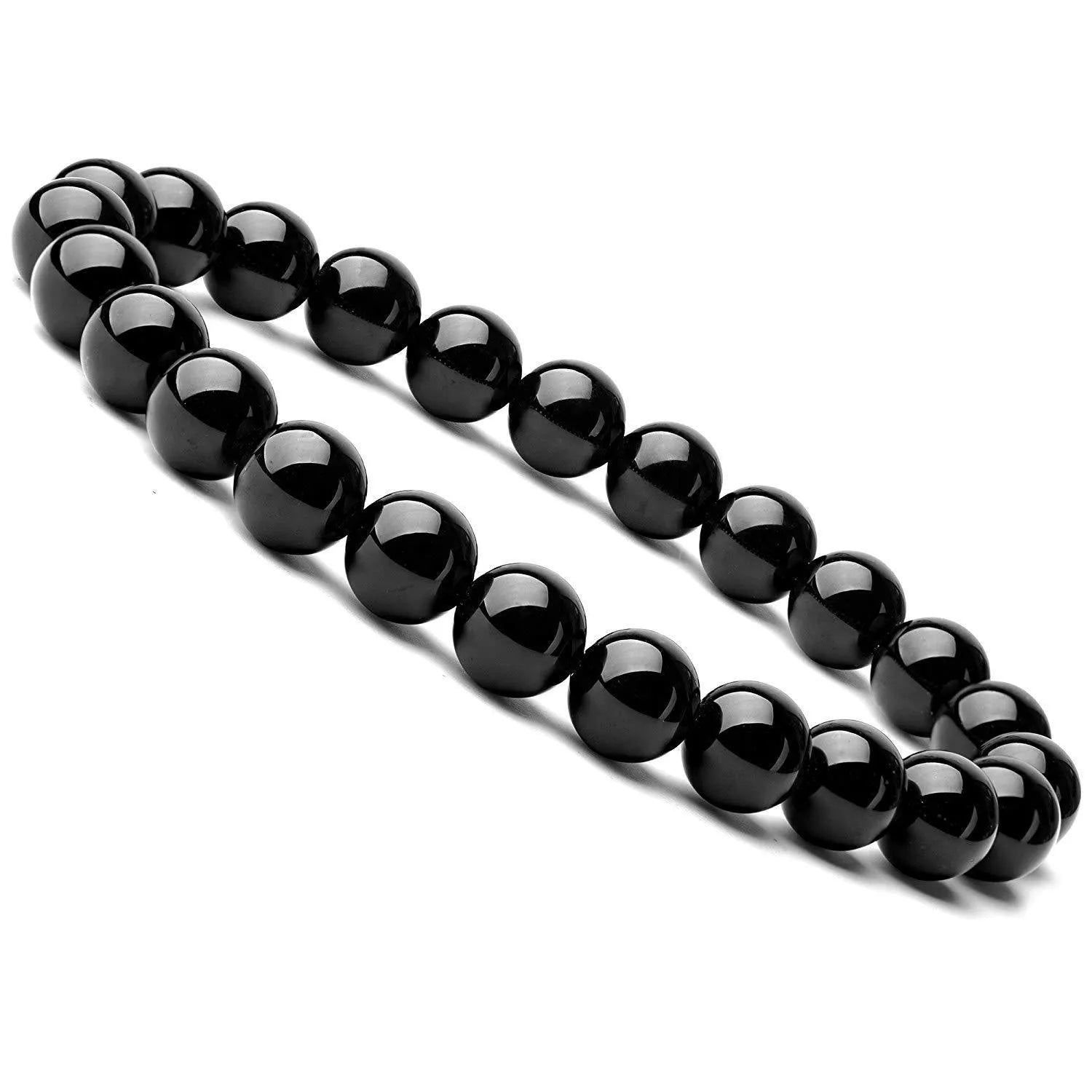 Close-up of a black agate bracelet with 8mm geometric beads on a black elastic cord.