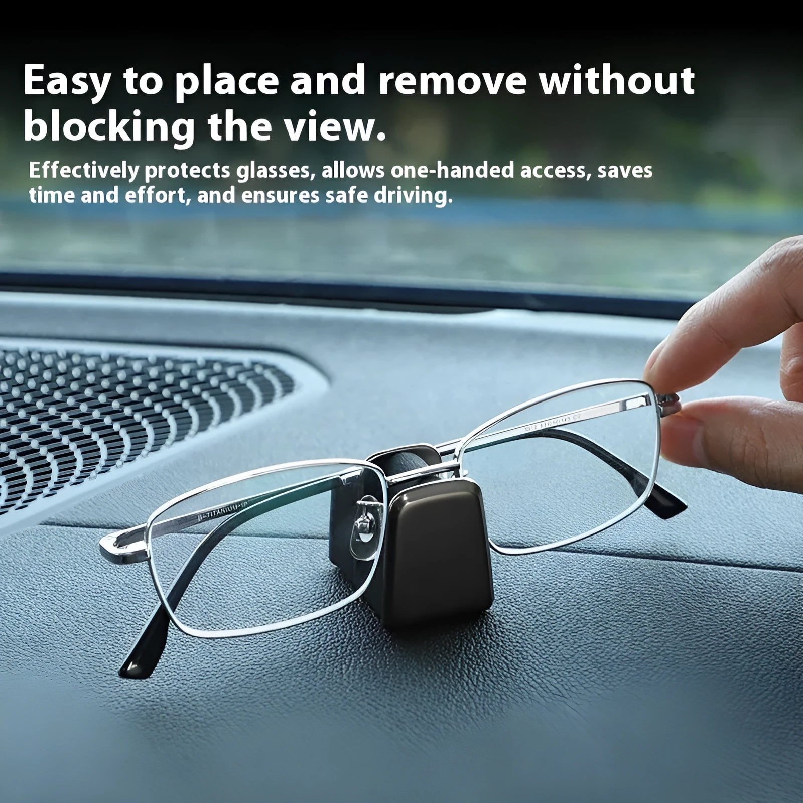 Zinc alloy and leather car dashboard glasses clip holder in green colour.
