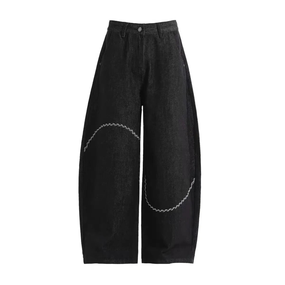 Black straight-leg trousers with zip fly placket and mid-waist design