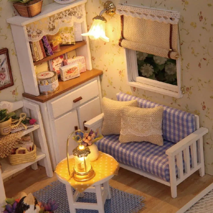 Miniature doll house DIY craft kit with style A on display showing assembled wooden and fabric details