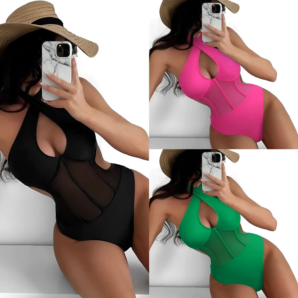 Women's black one-piece swimsuit bikini in spun yarn fabric with nylon and spandex blend
