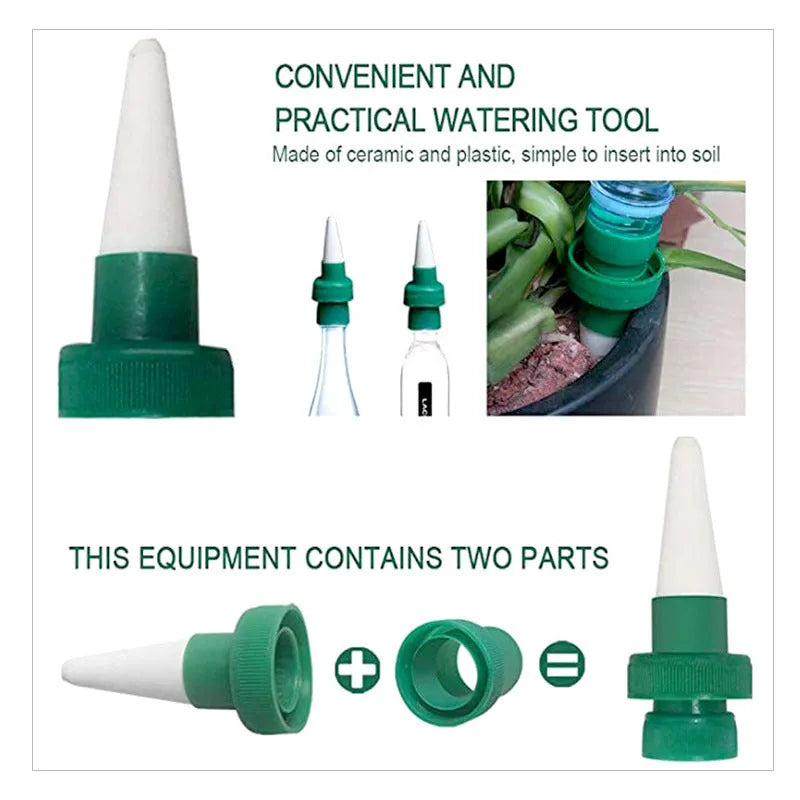 Green ceramic automatic plant watering dripper device for attaching to cola bottles