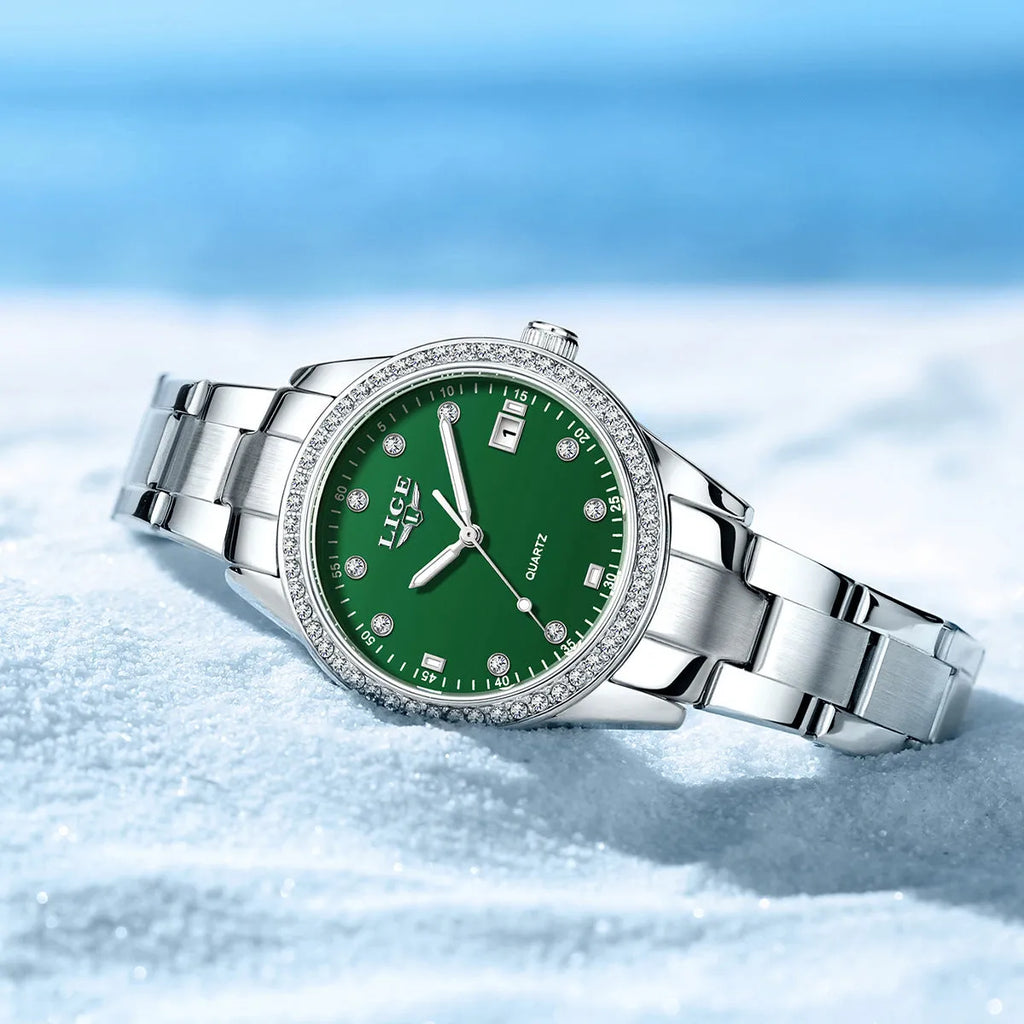 Silver fashion quartz watch with round 34mm dial, diamond markers, and stainless steel case.