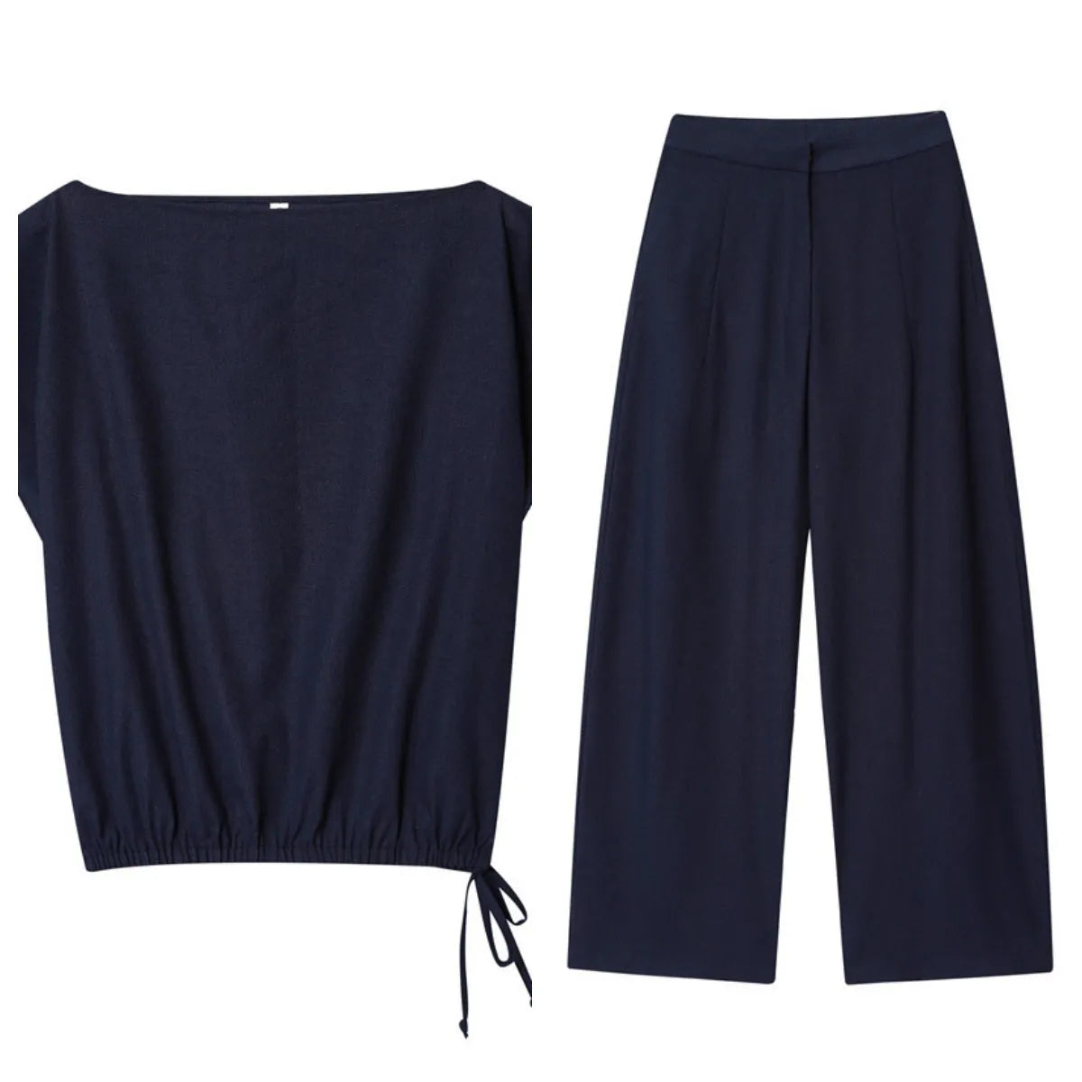 Women's linen-blend co-ord set featuring off-neck blouse with flounced sleeves and wide-leg trousers