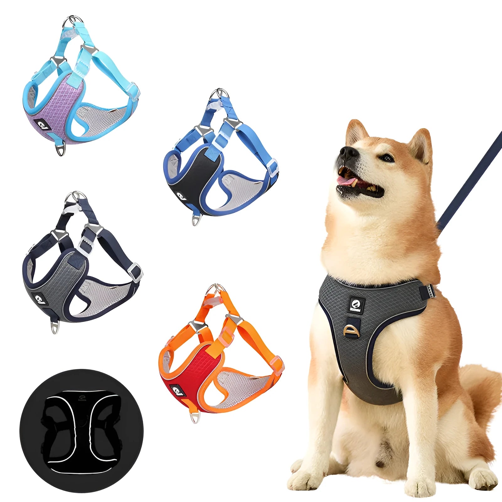 Adjustable mesh dog harness with leash in black colour showing reflective stitching details