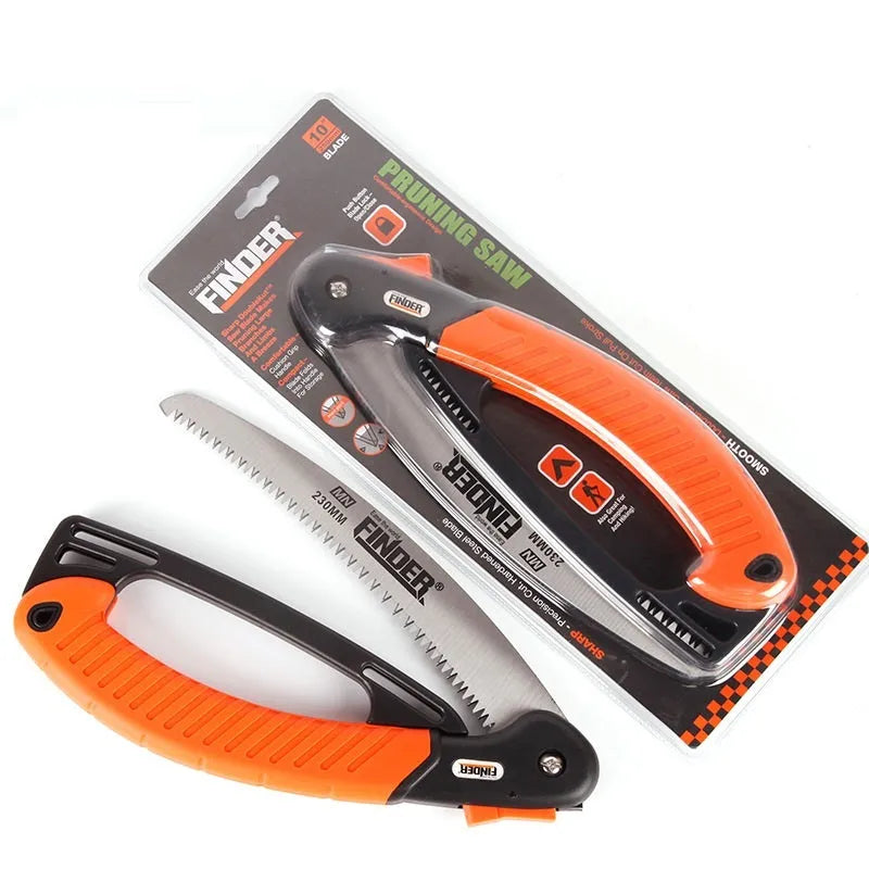 230mm folding garden saw with black TPR handle and silver steel blade, shown both open and closed.