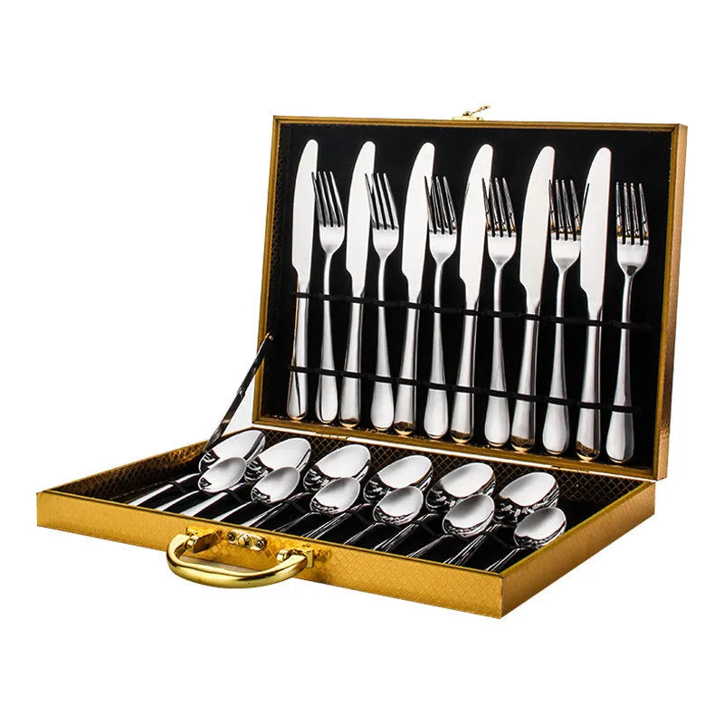 24 piece stainless steel tableware set showing knives, forks, and spoons in multiple colour finishes
