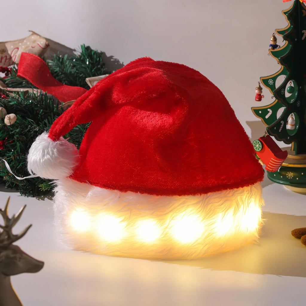 Red and white plush Santa hat with LED lights illuminating in multiple colours