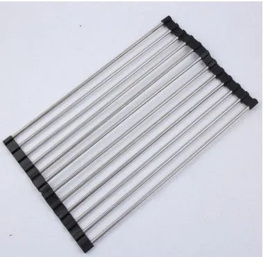 Foldable stainless steel kitchen drain rack with coloured plastic tubes for drying utensils