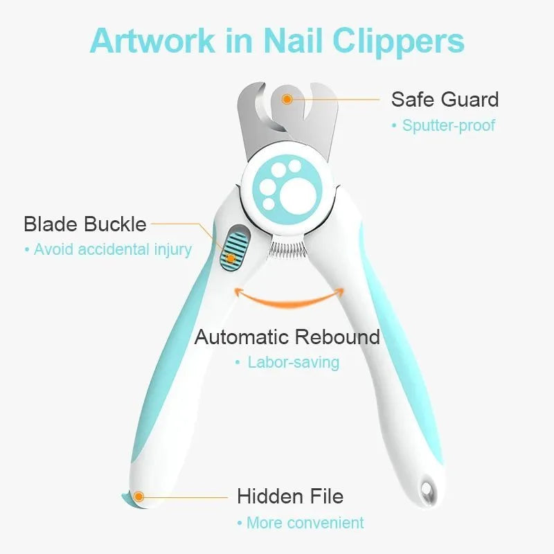 Blue and white pet nail clippers with ergonomic handles and a safety lock, shown with a nail file.