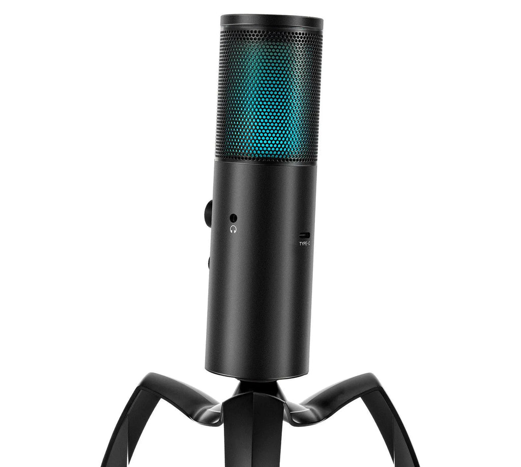 Black Q18 USB condenser microphone with RGB lighting on an adjustable metal tripod.