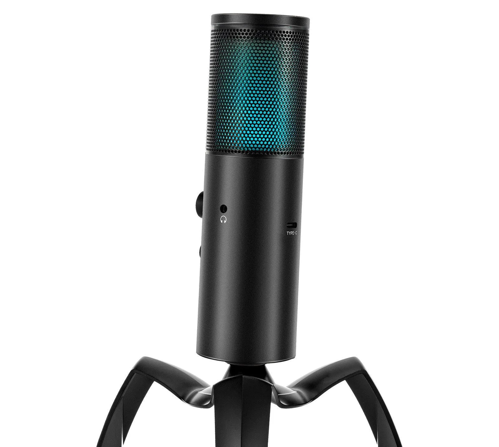 Black Q18 USB condenser microphone with RGB lighting on an adjustable metal tripod.