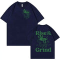 Rise And Grind Green Coffee fun expression printed on a loose-fit linen blend cartoon t-shirt.