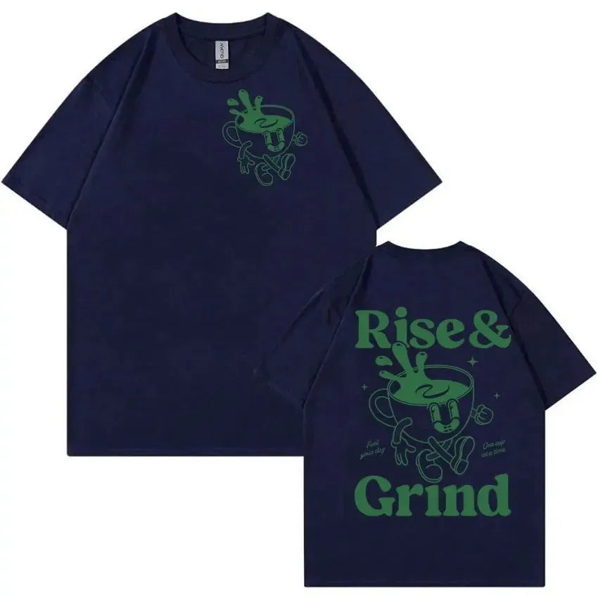 Rise And Grind Green Coffee fun expression printed on a loose-fit linen blend cartoon t-shirt.