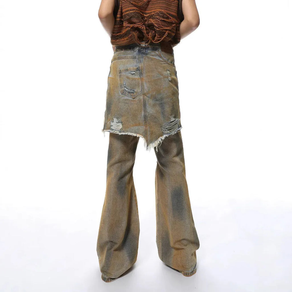 Women's loose-fit light blue bootcut denim jeans with a high waist and button fly.