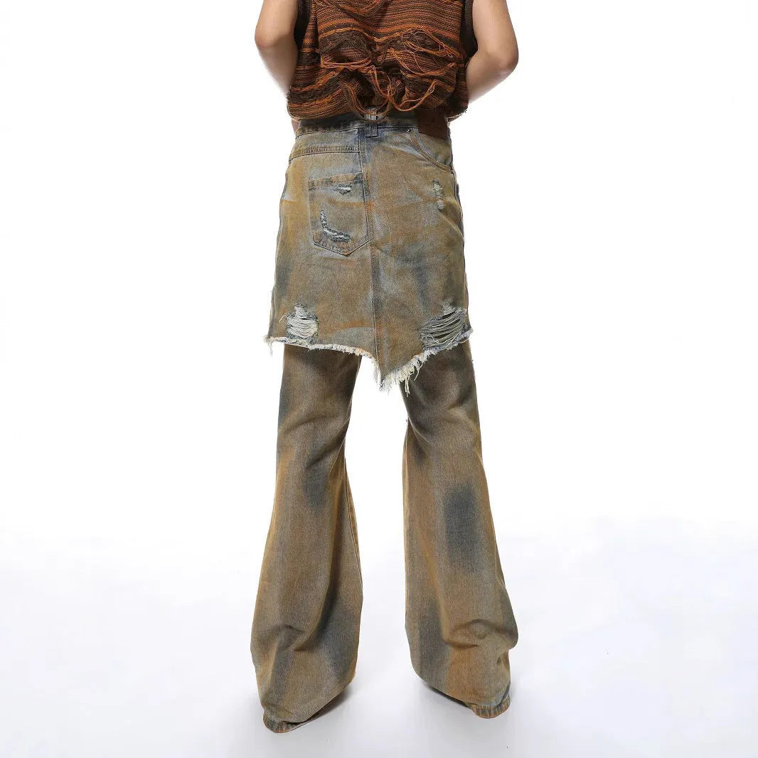 Women's loose-fit light blue bootcut denim jeans with a high waist and button fly.