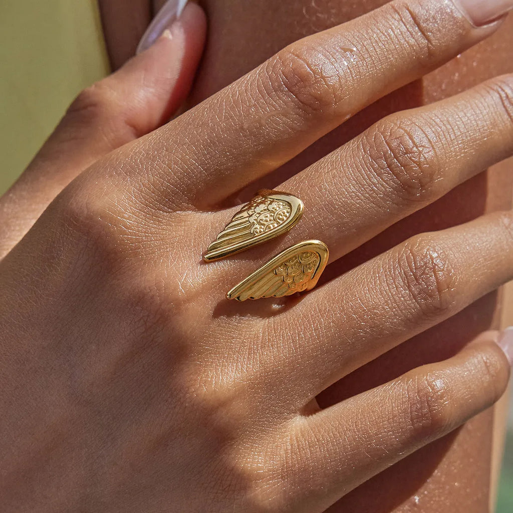 Stainless steel wings ring with an opening adjustable band on a plain background.