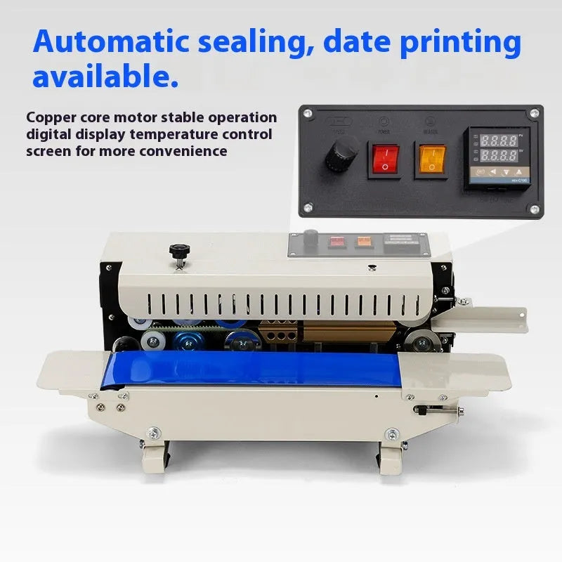 Mini steel sealing machine on a countertop, showing the printable date feature on the sealing head.