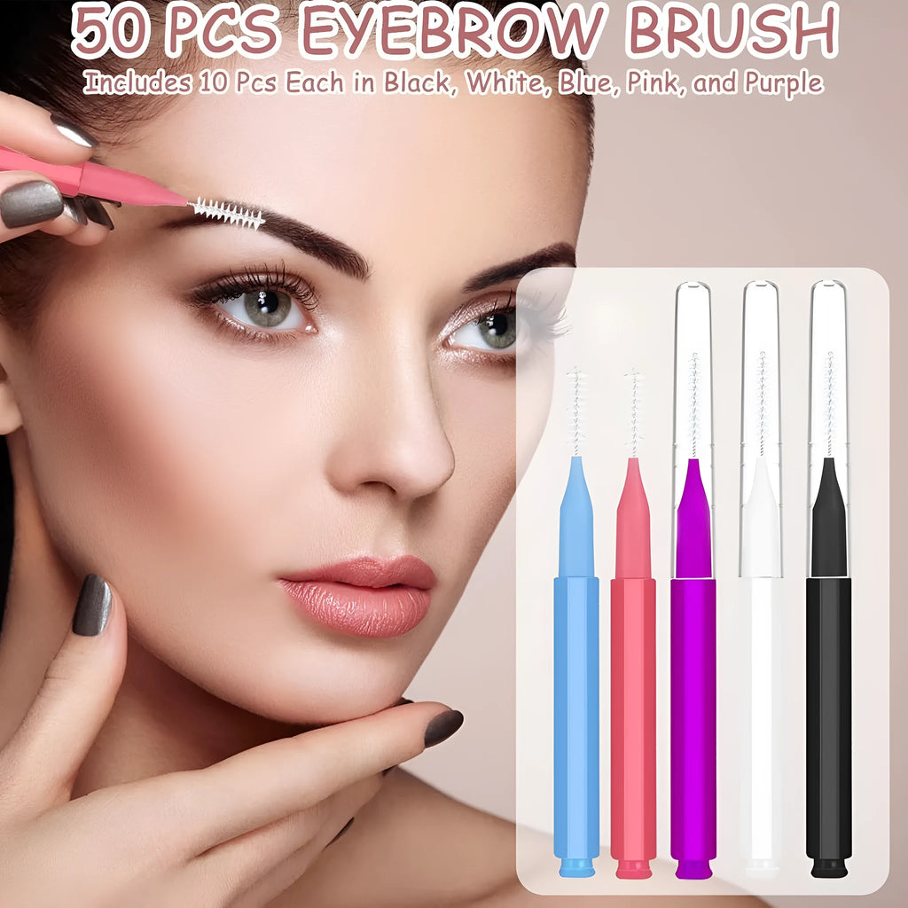 Set of micro eyebrow and lash brushes with protective caps in black, blue, purple, red, and white colours.
