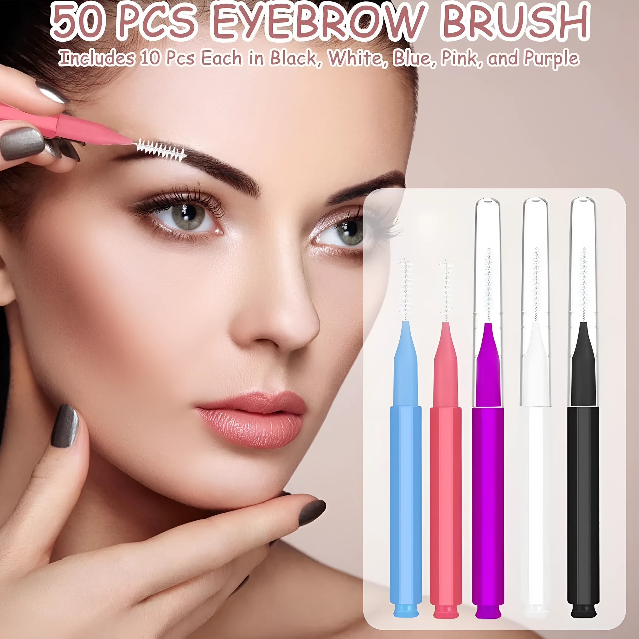 Set of micro eyebrow and lash brushes with protective caps in black, blue, purple, red, and white colours.