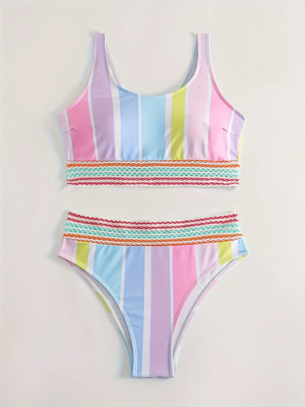 Women's striped sports bikini set with a top and briefs in a European/American pattern style.