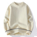 A grey men's loose-fit round neck long sleeve pullover sweater on a hanger.