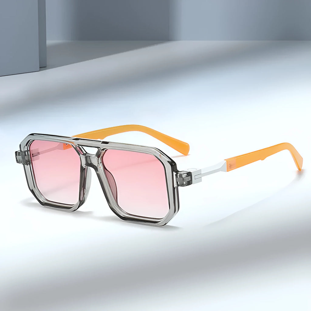 Retro double beam pilot catwalk sunglasses showing multiple colour and lens combinations