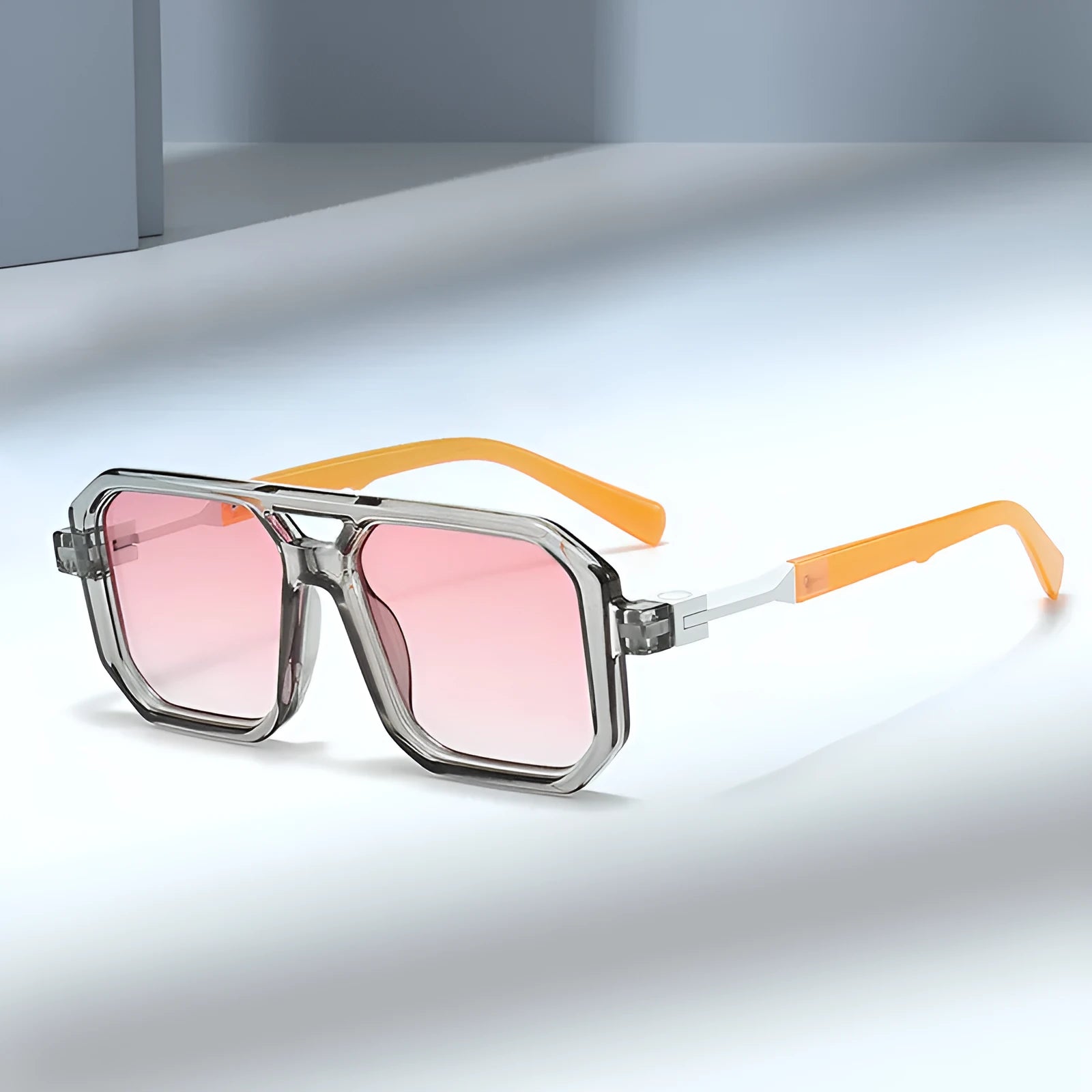 Retro double beam pilot catwalk sunglasses showing multiple colour and lens combinations