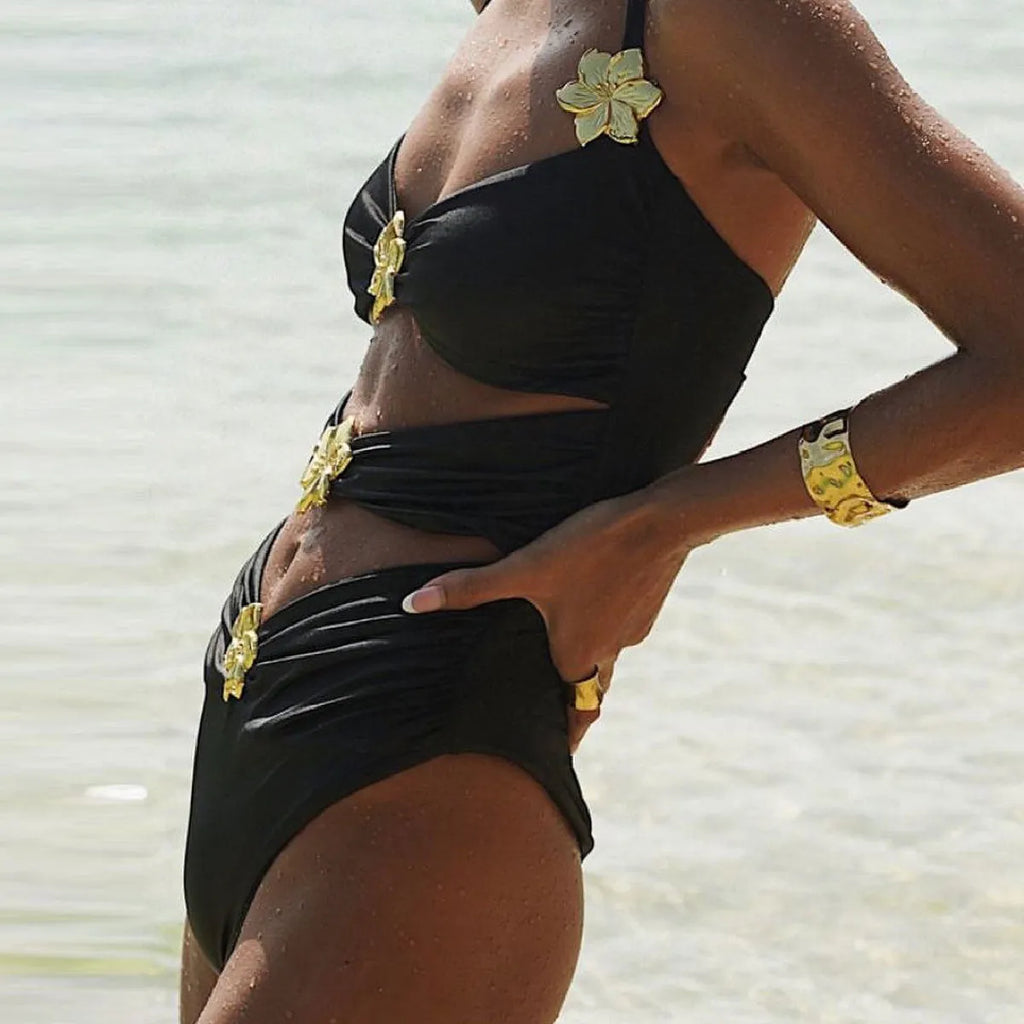 Women's solid colour one-piece swimsuit with high waist and coordinating short skirt