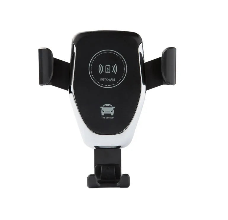 Black car wireless charger mounted on dashboard showing automatic clamp holding iPhone