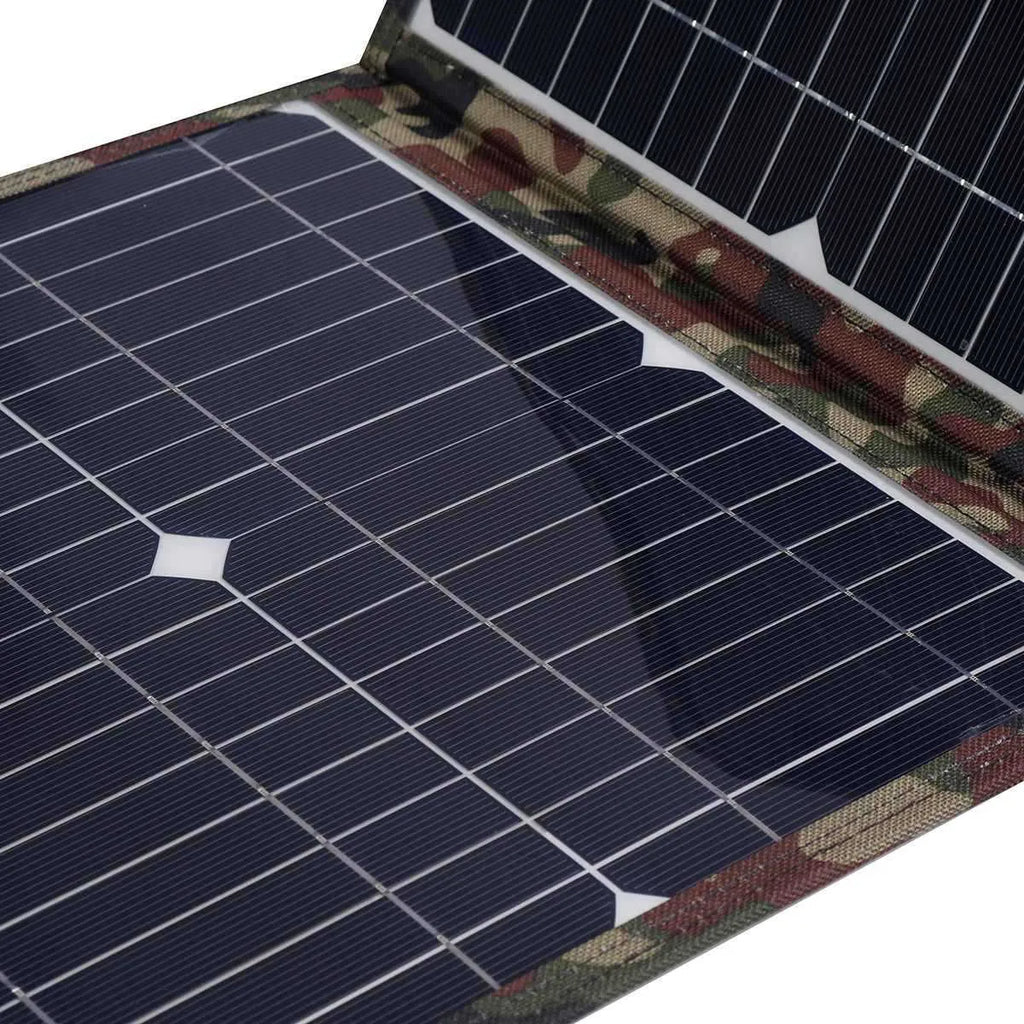 Black foldable 36W solar panel with monocrystalline cells showing folded dimensions of 87cm by 28.5cm
