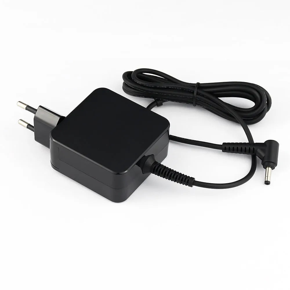 Black 45W laptop power adapter with American plug and DC connector showing dimensions