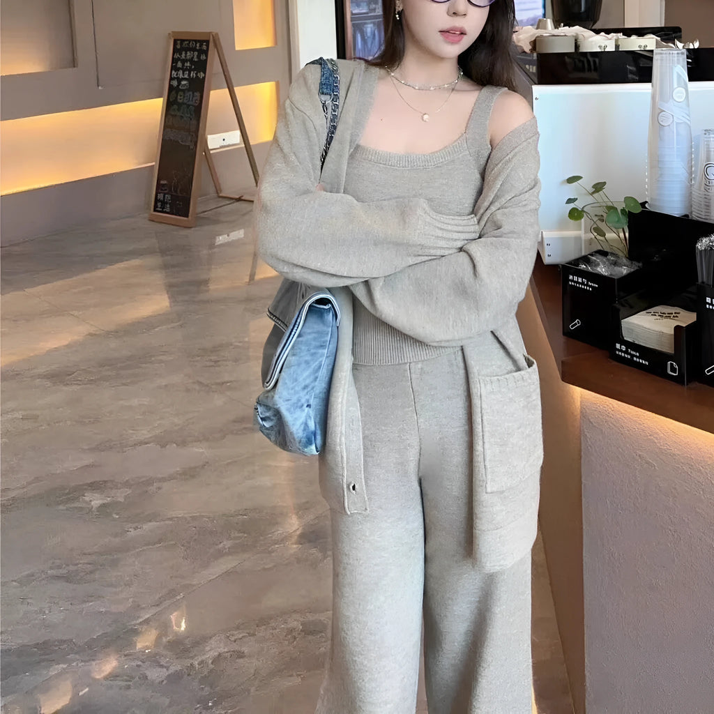 Women's light brown wool blend knit cardigan, vest, and loose pants three-piece casual set.