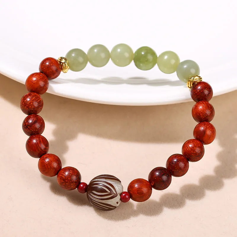 Red rosewood and gray jade Bodhi lotus bracelet with geometric round beads