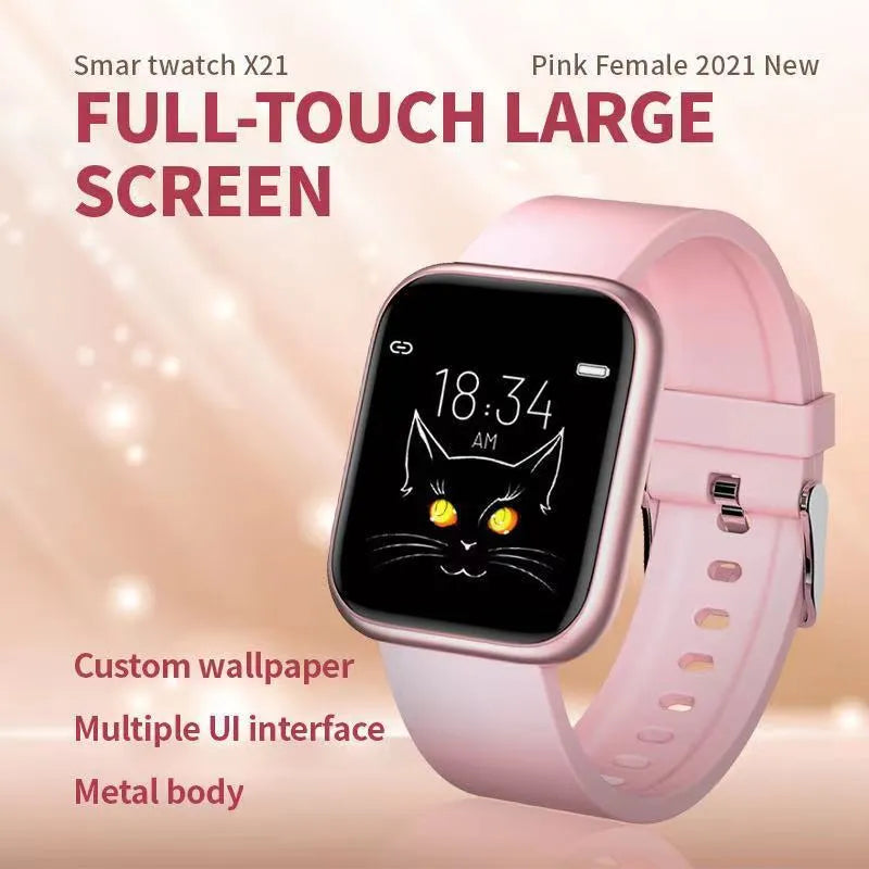 Black smart watch with colour touch screen displaying heart rate and blood oxygen data on wrist.