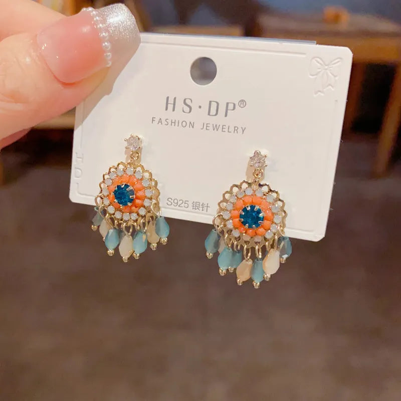 Geometric line design crystal tassel earrings with thick gold plating