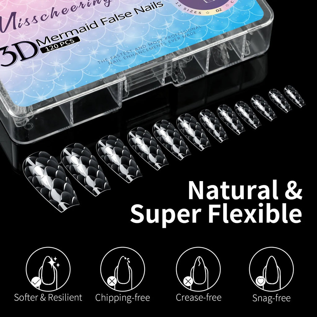 Pack of 3D scale texture long artificial nail tips with deep C-Cut, shown in Frigate Box colour options.