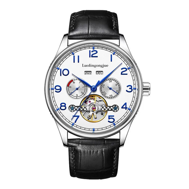 Men's stainless steel mechanical dress watch with leather strap and sapphire glass.