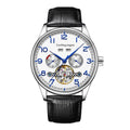 Men's stainless steel mechanical dress watch with leather strap and sapphire glass.