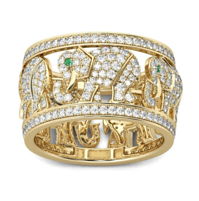 Elephant design fashion ring with diamond accents on an alloy band, shown in electroplated silver and gold colour variants.