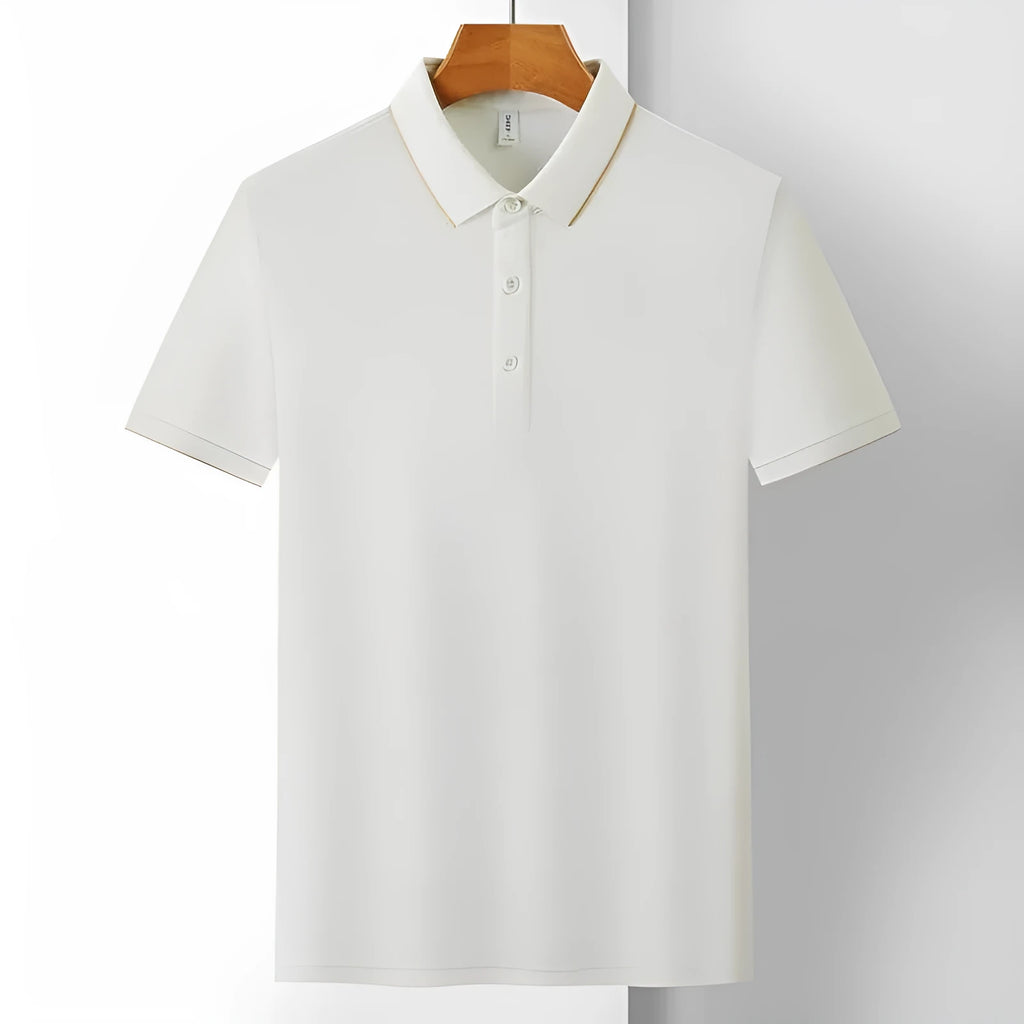 Men's solid colour cotton lapel work shirt with short sleeves in loose fit.