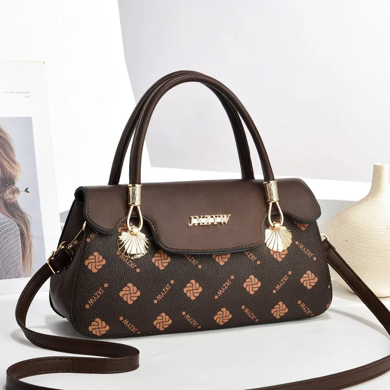 Women's cross-body handbag vintage letter-print PU leather medium 28x9x15cm brown colour front view