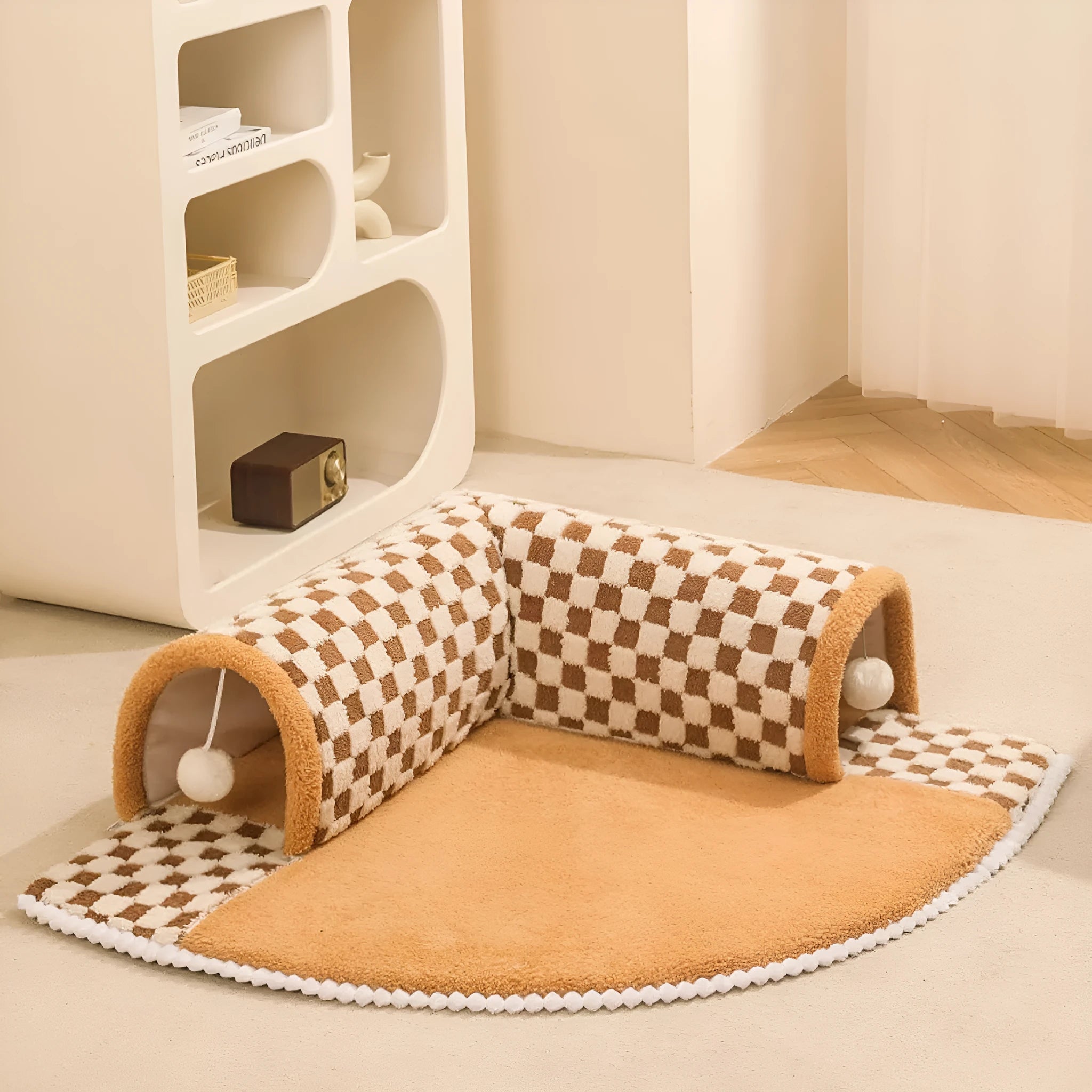 XL fan-shaped plaid tunnel pet bed for dogs and cats in coffee colour, showing plush fabric and anti-slip base.